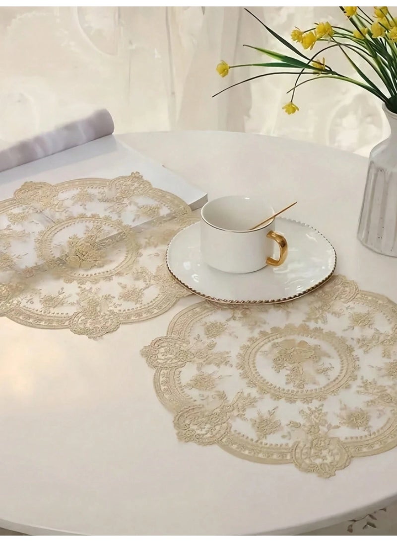 Fasola Lace Placemats, 1 Piece 33cm Round Table Mats, Milk Silk Embroidered Cup Mat, Vintage French Style Vase Mat for Home Wedding Bedside Decor, Elegant Hollow Out Aesthetic Room Decor (Apricot) - Image 3